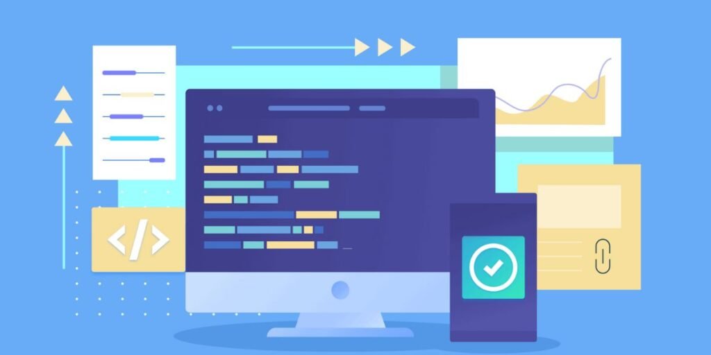A graphic showing SEO strategies tailored for a React-based website, including code snippets, charts, and ranking indicators.