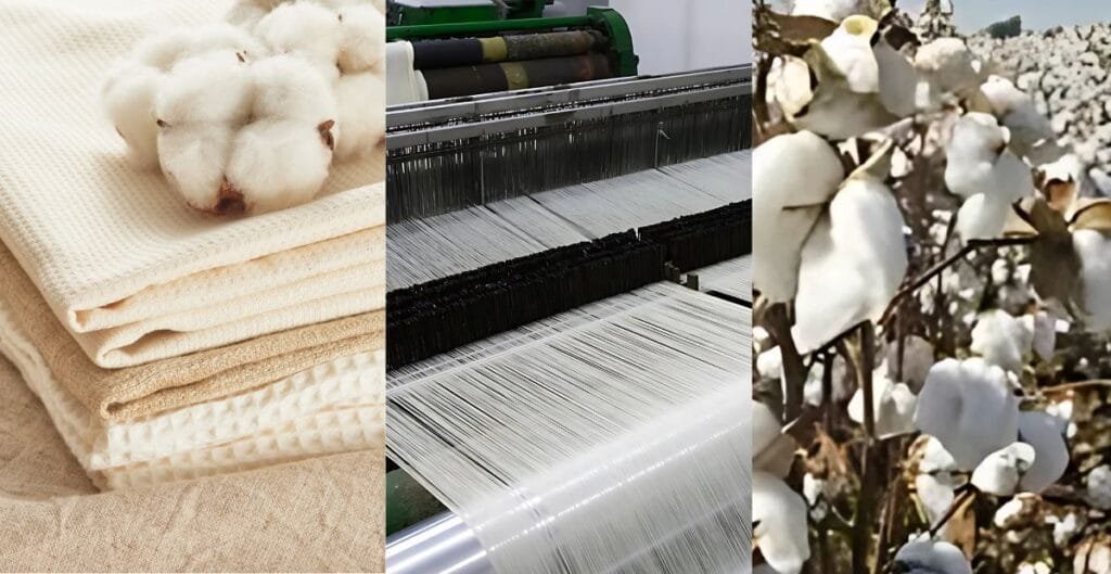 Close-up of cotton threads on industrial spinning machine revealing the fabric manufacturing process.