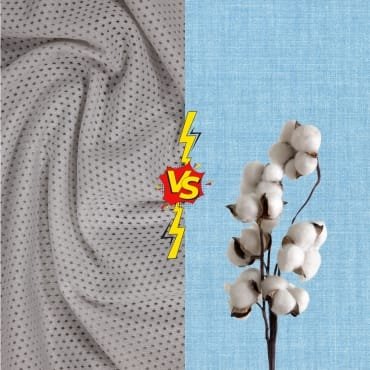 A comparison of cotton and synthetic fabrics, featuring a textured gray fabric and a branch of cotton bolls on a blue background.