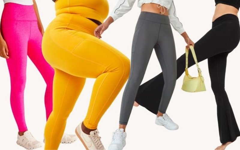 A collage of colorful retro leggings on different models, showcasing various styles and colors including pink, yellow, gray, and black.