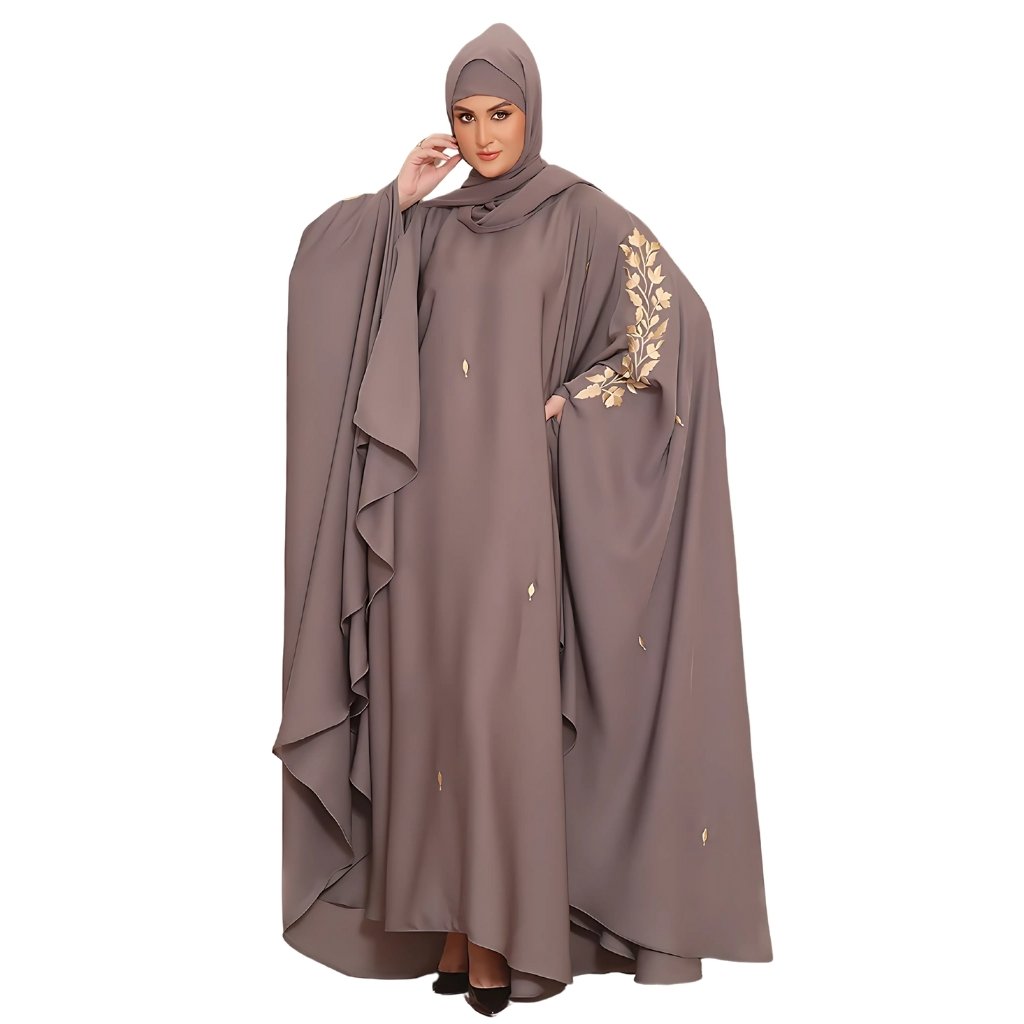 "Stylish kaftan abaya in soft pastel colors, featuring elegant beadwork and wide sleeves"