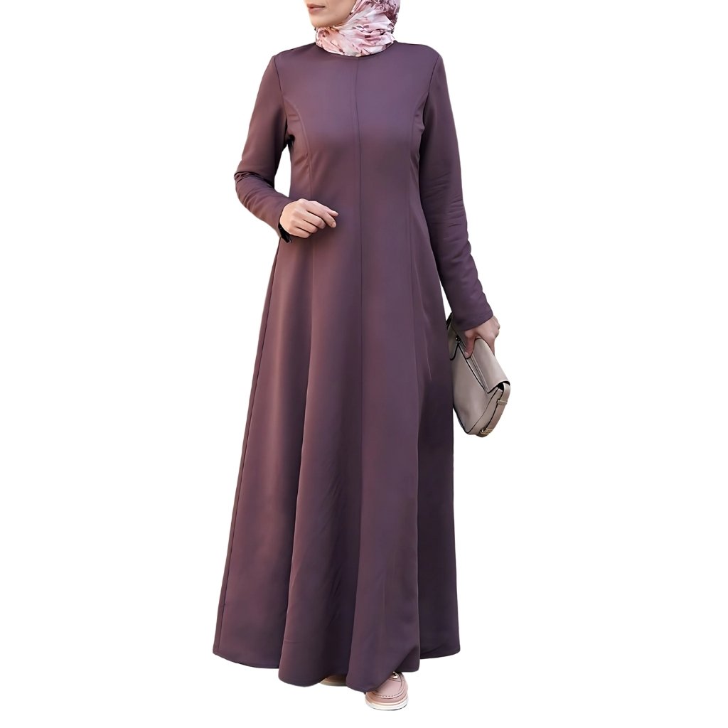 "Sleek minimalist abaya in a neutral tone, featuring clean lines, a simple silhouette, and high-quality fabric for a timeless look."