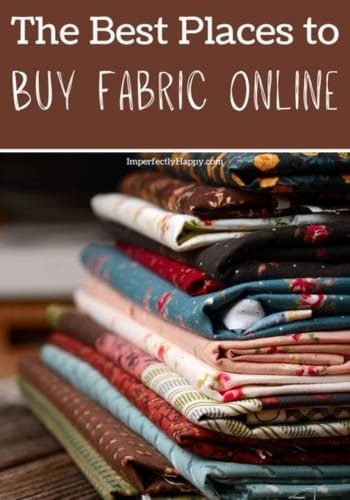 A stack of neatly folded fabric pieces in various colors and patterns, with a text overlay stating, "The Best Places to Buy Fabric Online."