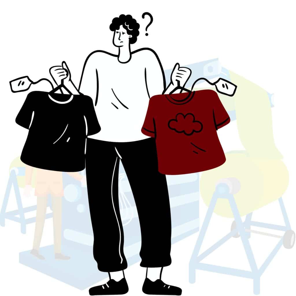 A stylized illustration of a person in a production setting at Fashion Soul International, holding a black t-shirt in one hand and a red t-shirt with a cloud design in the other, looking confused. The background features faint outlines of equipment and garments, highlighting the fashion production workflow.