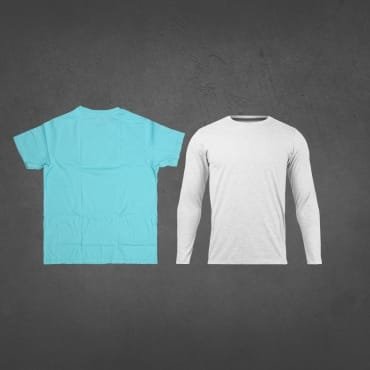 short-sleeve turquoise t-shirt and a long-sleeve white shirt on a dark background.