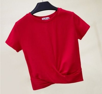 Red short-sleeved T-shirt with a knotted detail at the front, displayed on a hanger against a light background.