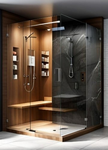 A modern shower featuring a steam room design with wooden accents and sleek glass walls.