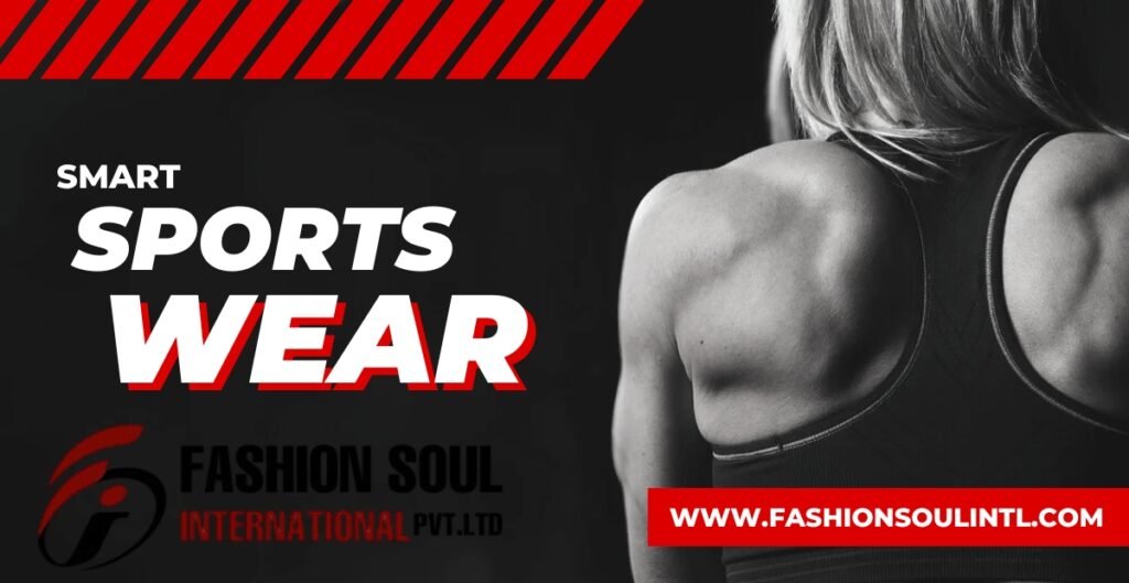 A promotional graphic featuring the text "Smart Sports Wear" alongside an image of a woman's back in athletic wear. smart sports wear