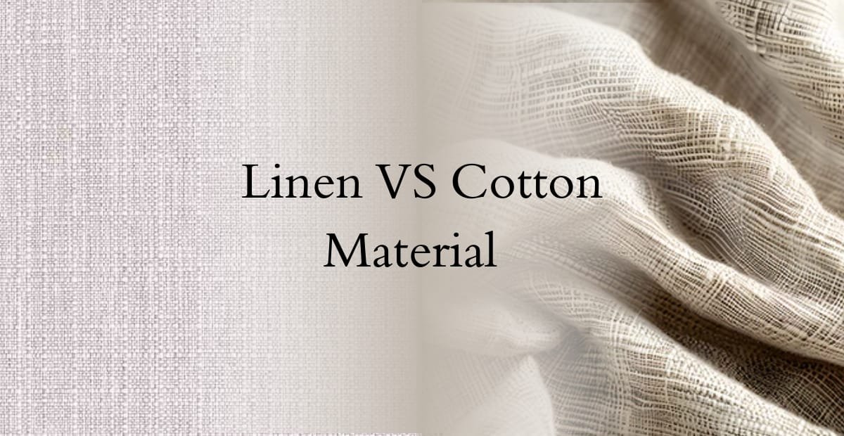 Close-up comparison of linen and cotton fabric textures with text reading "Linen VS Cotton Material" in the center.