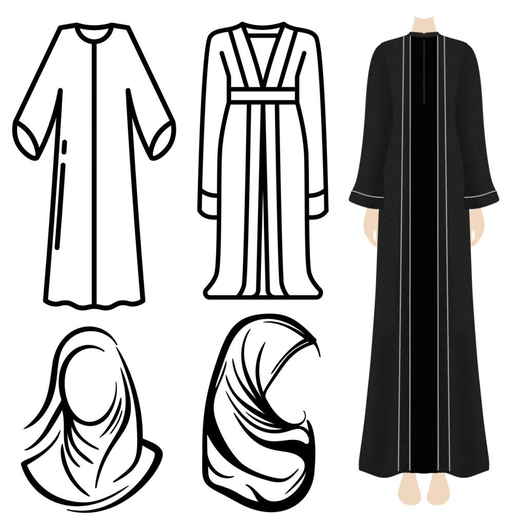 Illustration of traditional clothing, including four different styles of abayas and hijabs. The designs feature varied silhouettes, with some adorned with stripes. Two headscarf designs are shown on the bottom left. The overall style is simplistic and line-based.