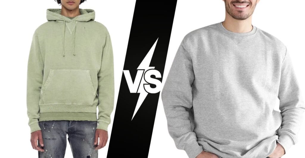 Side-by-side comparison of a green hoodie and a gray sweatshirt with a bold "VS" graphic in between.