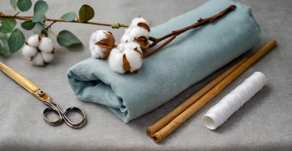 A neatly arranged collection of sewing supplies on a grey surface. It includes a branch of cotton with cotton bolls, a folded light blue fabric, two bamboo sticks, a spool of white thread, and a pair of decorative gold-handled scissors.