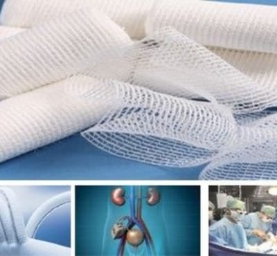 Various cotton medical supplies including gauze and sponges, alongside images related to human anatomy and surgical procedures.