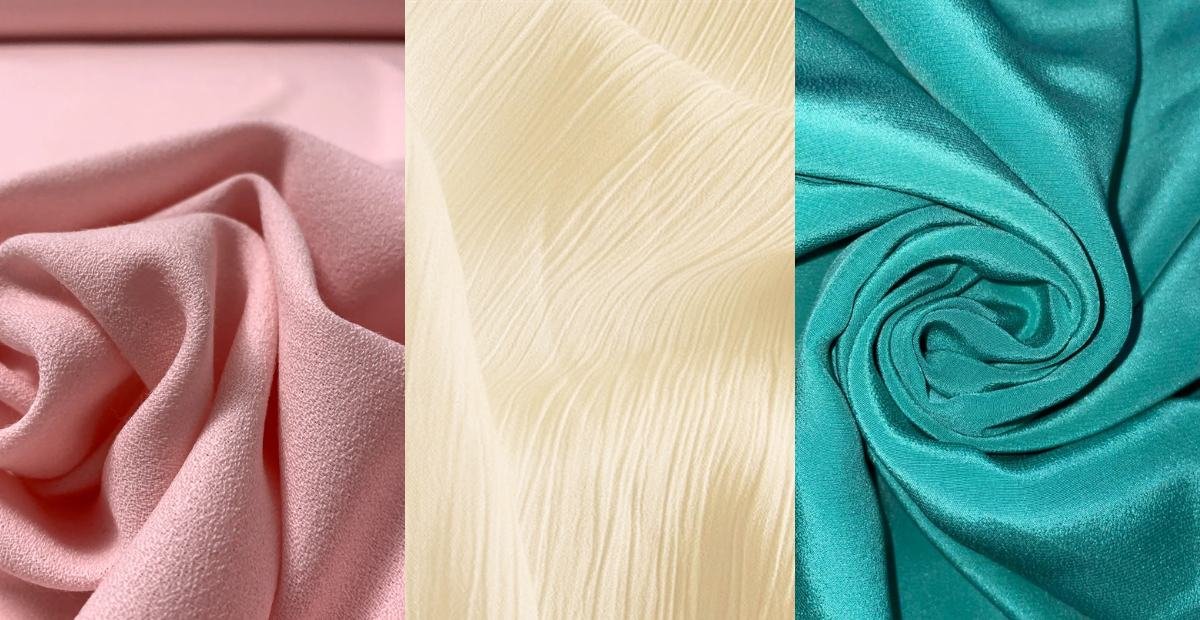 Close-up of lightweight crepe fabric in various colors and textures, commonly used in fashion design.