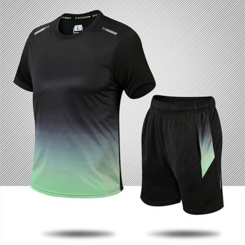 A black athletic outfit featuring a gradient t-shirt that fades to green and matching shorts, displayed against a textured background.
smart sports wear

