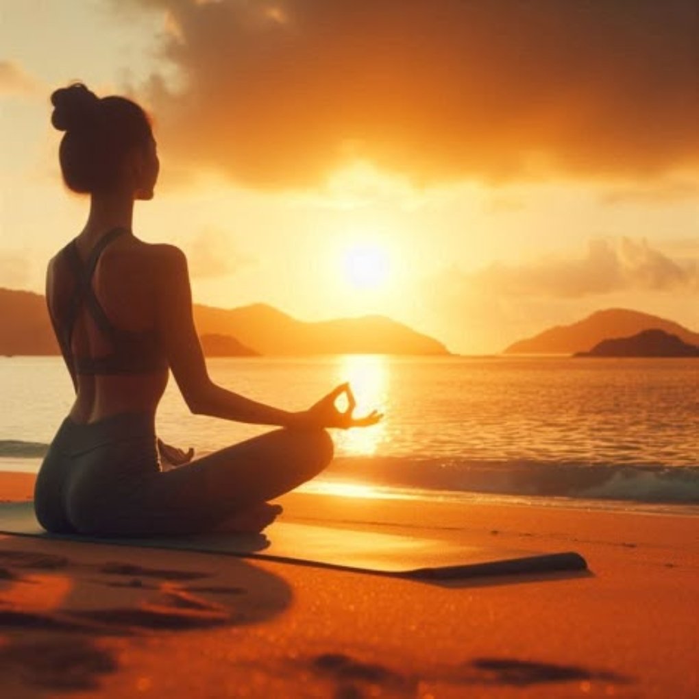 A woman practicing yoga in a meditative pose on the beach at sunset, with golden hues illuminating the water and mountains in the background.