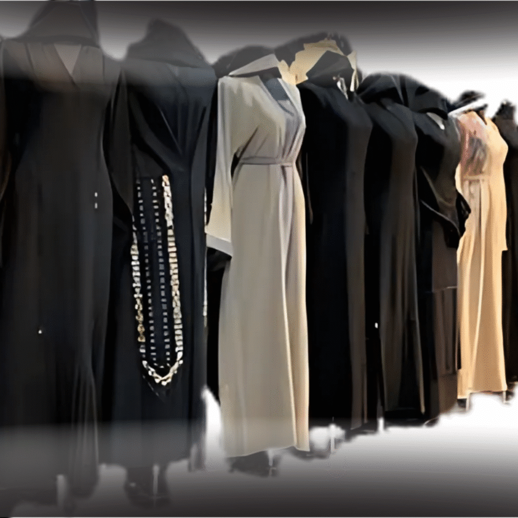 Group of women wearing stylish abayas in different colors and designs, showcasing modest fashion
