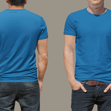 A blue t-shirt is displayed from both the front and back, worn by a model standing against a beige background.