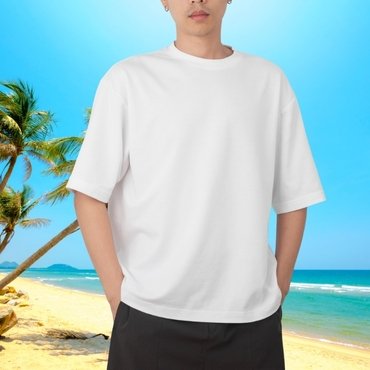 A person wearing a plain white t-shirt stands against a backdrop of a sunny beach with palm trees.