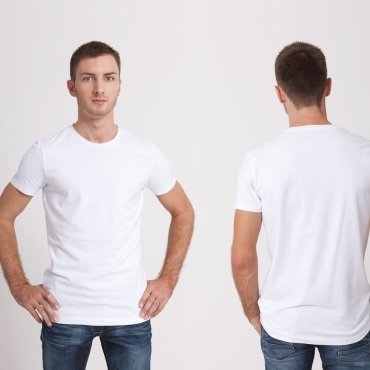A man modeling a white summer t-shirt, shown from the front and back, standing against a light background.