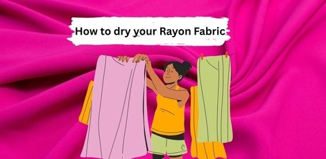 A woman hangs wet rayon fabric to dry, surrounded by a vibrant pink background.