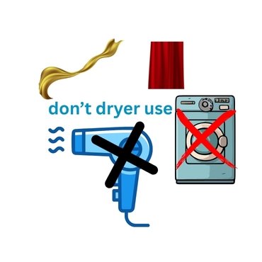 Graphic illustrating washing instructions for rayon fabric, featuring a hairdryer and washing machine crossed out, with the text "don't dryer use" below a wavy line and a curtain image above.