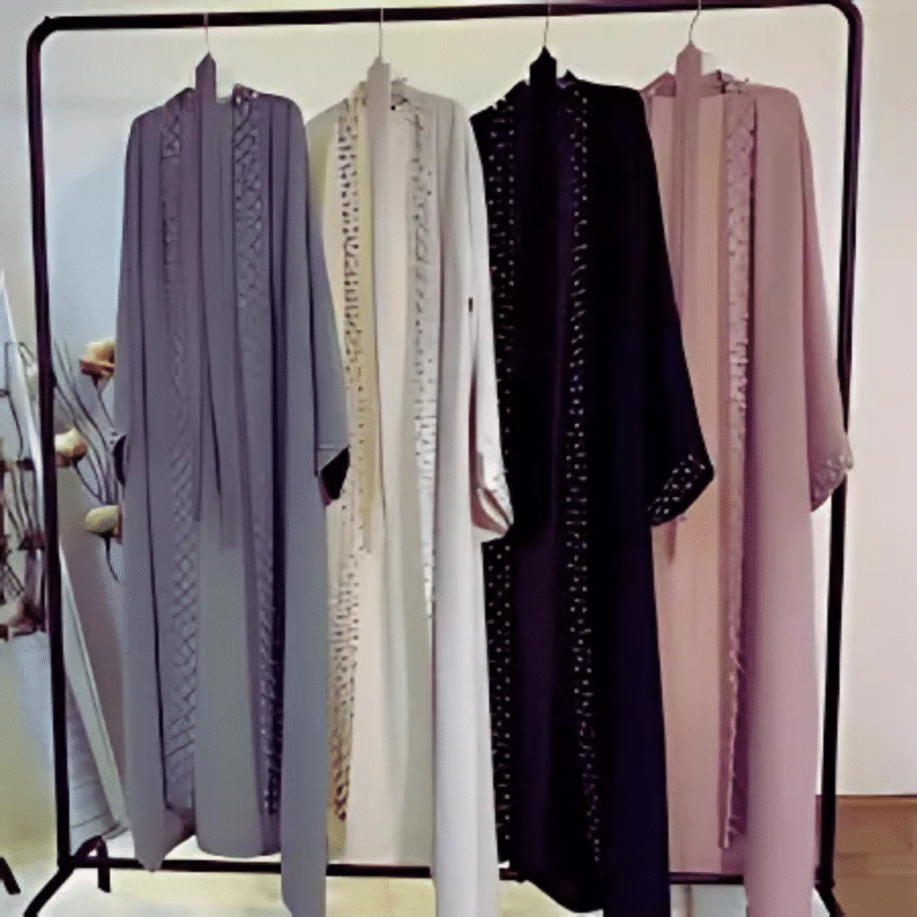 Three elegant abaya Dubai hanging on a clothing rack.