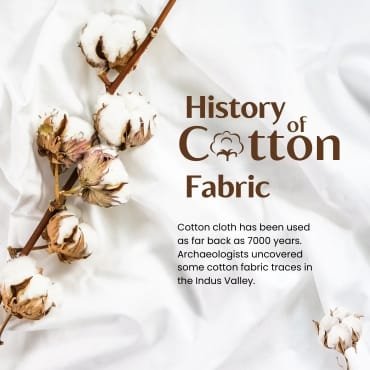 Cotton fabric and cotton bolls displayed on a white background, with text highlighting the history of cotton.