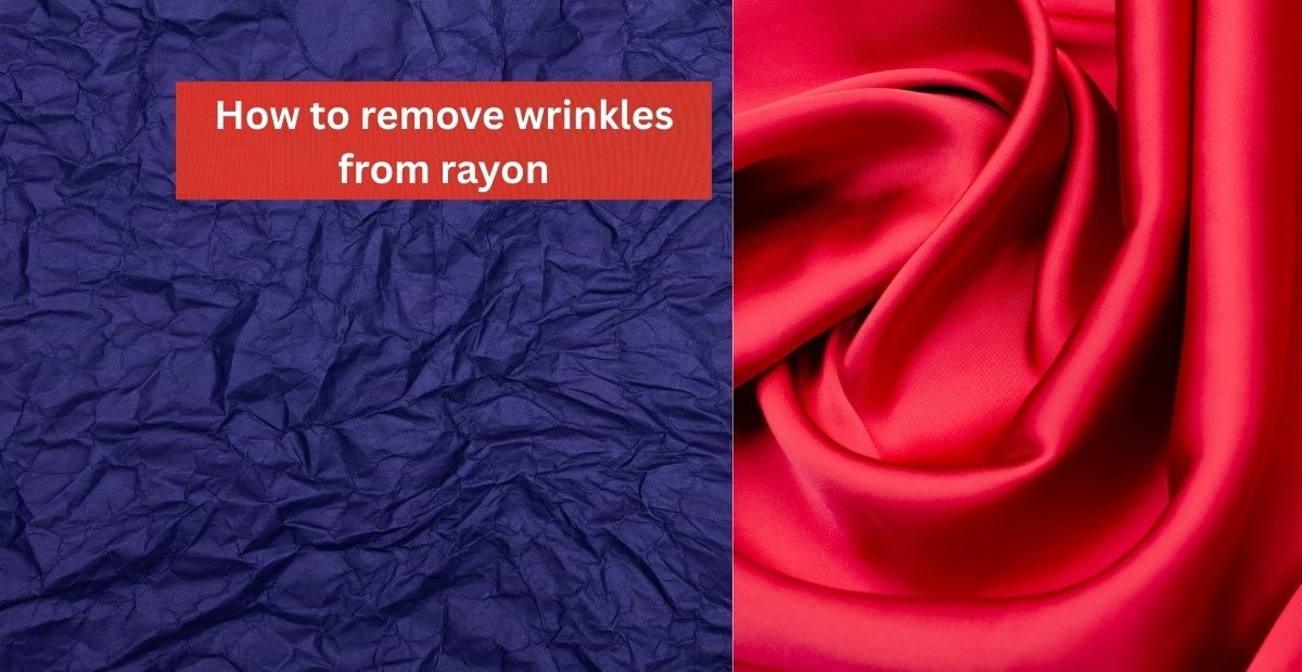 A split image showing wrinkled purple fabric on the left and smooth, red rayon fabric on the right, with the title "How to remove wrinkles from rayon" in bold red text in the center.