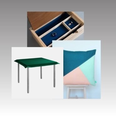  An image collage featuring baize fabric uses: a green-covered table, a wooden box lined with blue baize, and a decorative cushion with a geometric design.