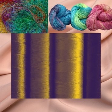 A collage showcasing colorful rayon threads and a smooth rayon fabric. The background features shades of purple and gold with a texture pattern, while the upper section displays three skeins of yarn in blue, green, and pink, alongside a vibrant mess of multicolored fibers.