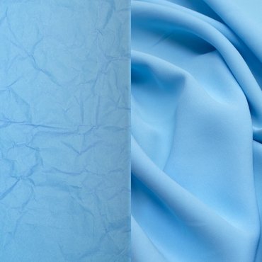 A comparison of wrinkled rayon fabric on the left and smooth, wrinkle-free rayon fabric on the right.