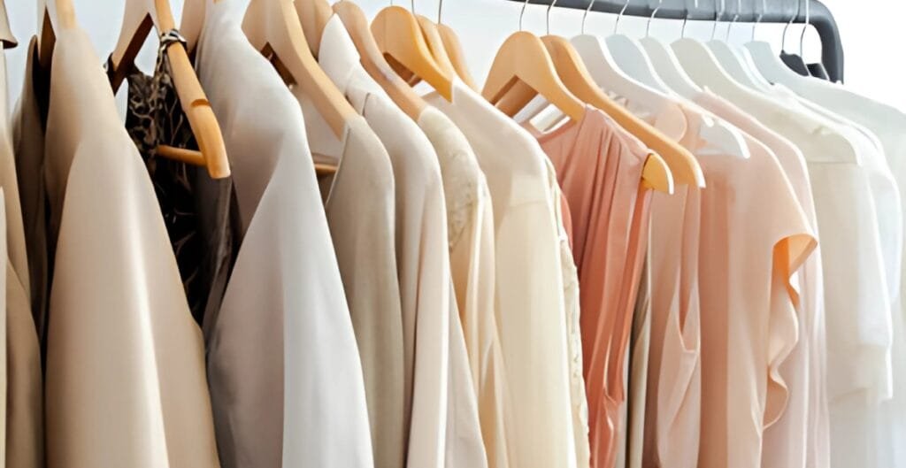 A clothing rack with pastel-colored, 100 percent cotton blouses and shirts hanging on wooden hangers.
