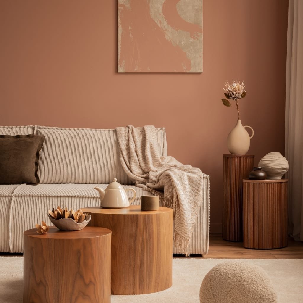 A cozy living room corner featuring a beige-striped sofa with a dark brown cushion and a cream-colored blanket. Two round wooden tables hold decorative items, including a teapot, a cup, and a bowl of dried seed pods. A tall vase with a large flower is on a wooden pedestal next to a small side table with more decorative objects. The background wall is painted in a soft, warm pink hue with a textured abstract painting hanging above.