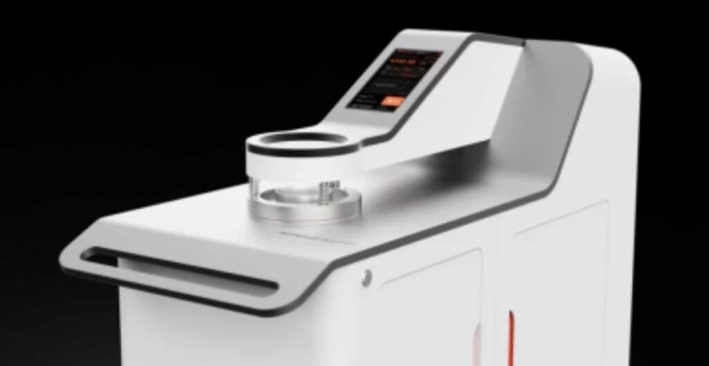 Modern air permeability tester with digital display and sample holder.