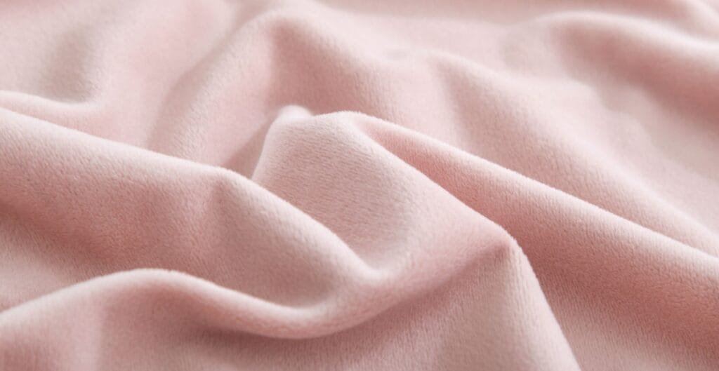 A close-up of soft, pastel pink fabric with gentle folds and a smooth, velvety texture.