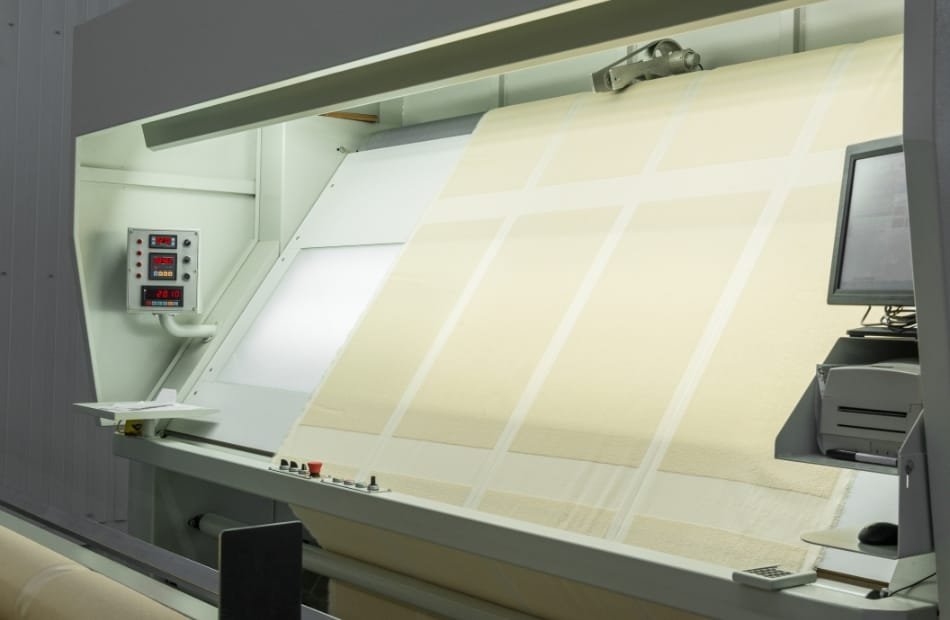 A large, advanced textile manufacturing machine with fabric sheets being processed, featuring control panels and a monitor on the side.