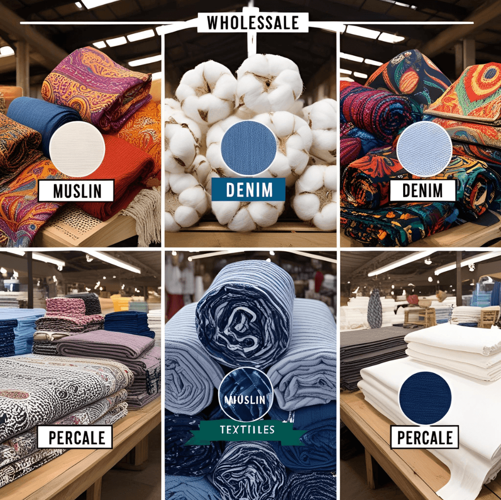 A display of various cotton textiles in wholesale, including printed muslin fabrics, denim, and percale, arranged on wooden shelves in a market setting with some rolls of fabric and cotton balls visible.