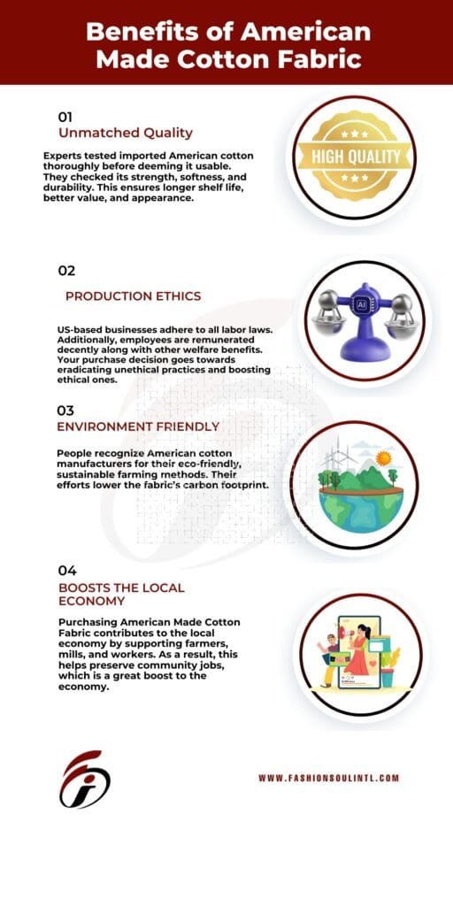 An infographic titled "Benefits of American Made Cotton Fabric" with four sections: unmatched quality, production ethics, environmentally friendly, and boosts the local economy, each accompanied by relevant icons and brief descriptions.