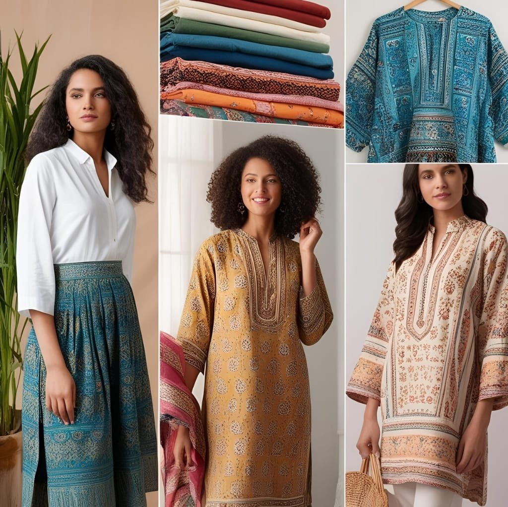 A collage showcasing various clothing styles made with cotton batiste fabric: a woman in a white shirt with wide-leg printed pants, colorful folded fabrics, and three different traditional and contemporary outfits in vibrant patterns.