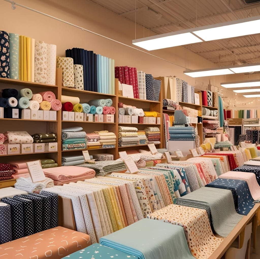 A fabric store with shelves and tables filled with various colorful rolls and bolts of cotton fabric, neatly displayed in an organized manner.
