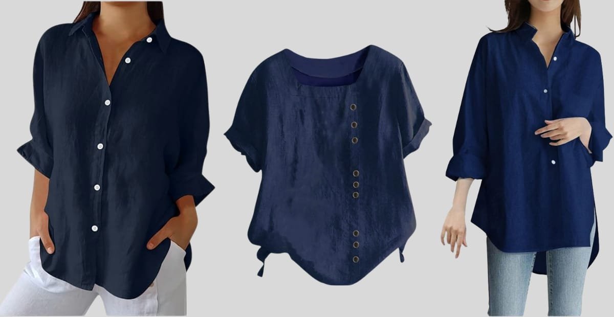 Three stylish blue linen shirts for ladies in various casual summer designs.