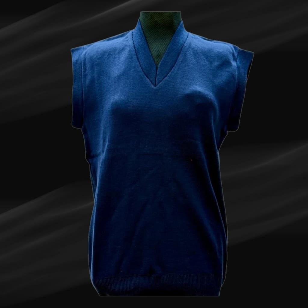 A dark blue, sleeveless, V-neck vest is displayed against a black background with subtle, diagonal light streaks.
