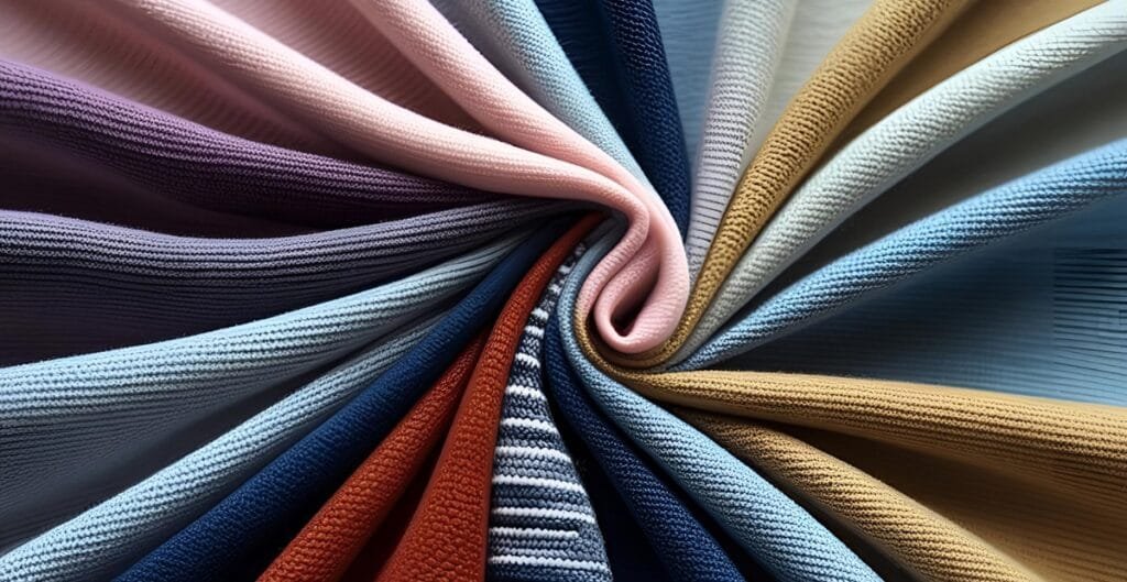 A colorful swirl of various knit polyester fabric swatches, showcasing different colors and textures.