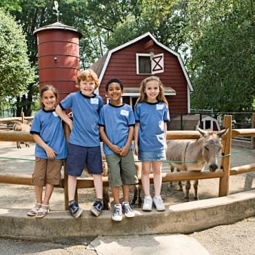 Four children standing in front of a barn and donkey at a farm, with a wooden fence and lush green trees in the background, showcasing kids and pet-friendly environment.