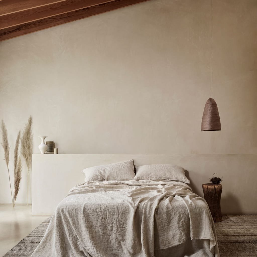 A minimalist bedroom featuring a bed with beige linen bedding, two pillows, and a simple, textured drape. To the left, three tall pampas grass stems are in a transparent vase, and on the right, there is a rustic wooden side table with decorative items. A hanging pendant light fixture is suspended above the bed, and the room has a sloped wooden ceiling with soft, neutral-colored walls and a striped rug on the floor.