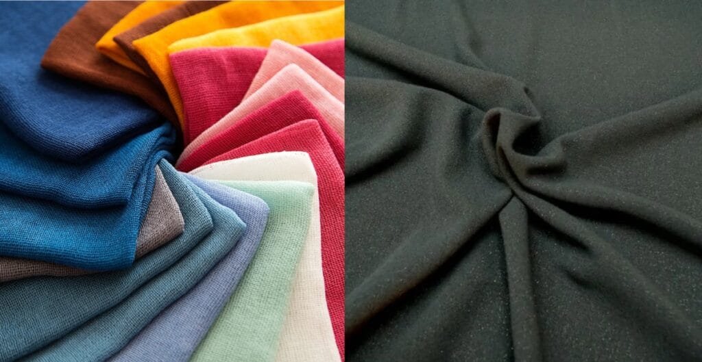 Colorful cotton polyester fabric swatches on the left and black polyester blend fabric twisted on the right.