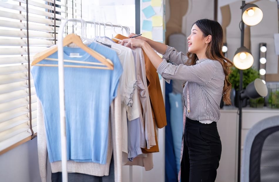 A woman in a striped shirt and black pants is browsing and selecting clothes from a rack filled with various tops and sweaters in a well-lit room.