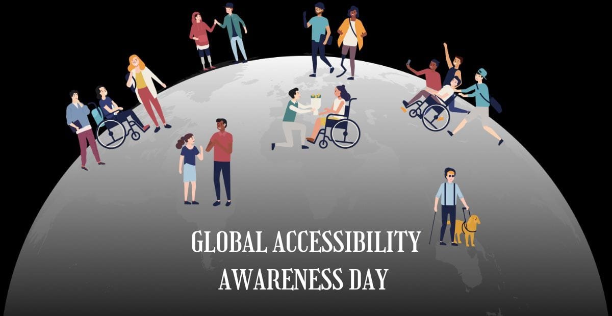 Illustration of diverse people around the globe, including individuals in wheelchairs, with guide dogs, and others engaging in activities, representing global accessibility, with the text "Global Accessibility Awareness Day" at the bottom.