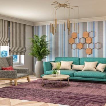 Elegant living room with modern decor elements including a teal sofa, decorative wall art, a large potted plant, and a stylish chandelier, featuring a purple area rug.